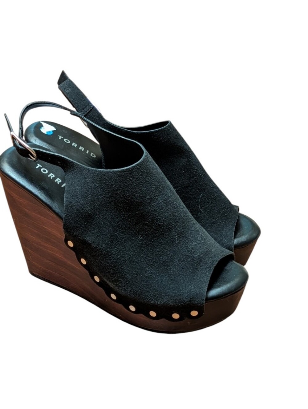 Torrid Black Studded peep toe Platform Wood Wedges back strap - Picture 2 of 10